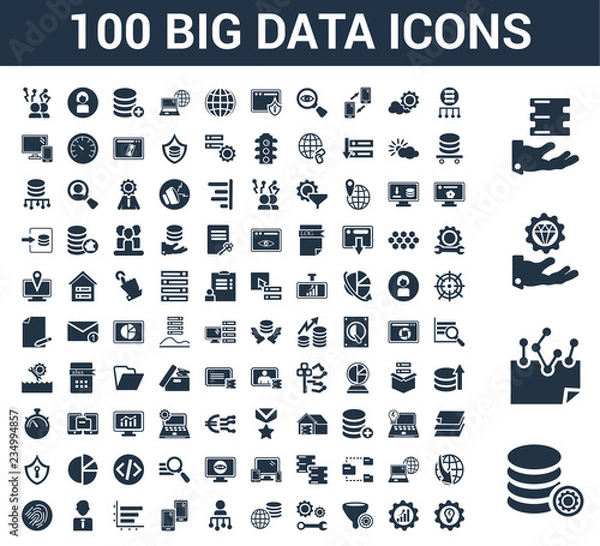 Fototapeta 100 uniwersalnych ikon Big Data z danymi, szyfrowaniem, wartością, dostępnością, serwerem, wydajnością, filtrem, pomocą techniczną, dużymi danymi, użytkownikami