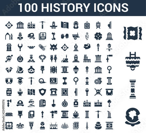 Fototapeta 100 History universal icons set with World, Pillars, Cart, Map, Face, Stone, Sword, Old paper, Egypt, Fossil