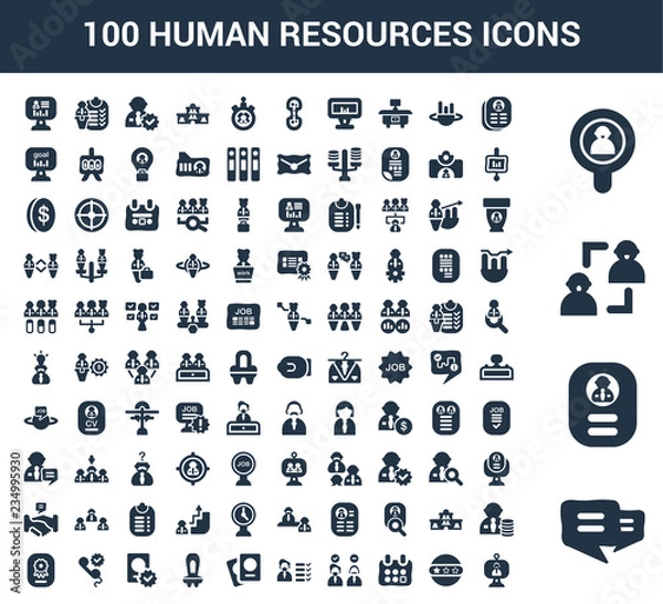 Fototapeta 100 Human Resources universal icons set with Conversation, Resume, Recruitment, Profiles, Rating, Appointment, Hi, Skills, Hiring