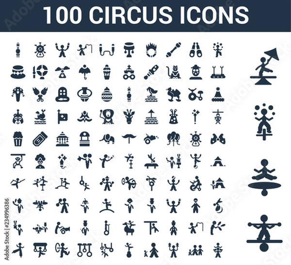 Fototapeta 100 Circus universal icons set with Tightrope walker man, Jumping Juggler Family stunt Giant Acrobat Trapeze artists man