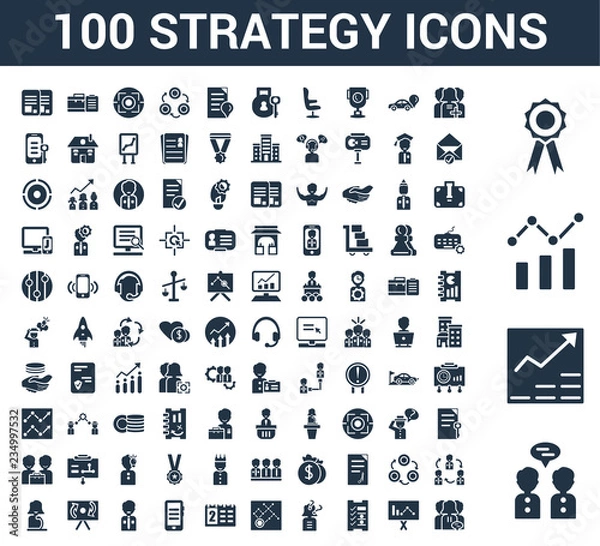 Fototapeta 100 Strategy universal icons set with Collaboration, Growth, Analysis, Award, Customer, Presentation, Planning, Question, Connection, Calendar