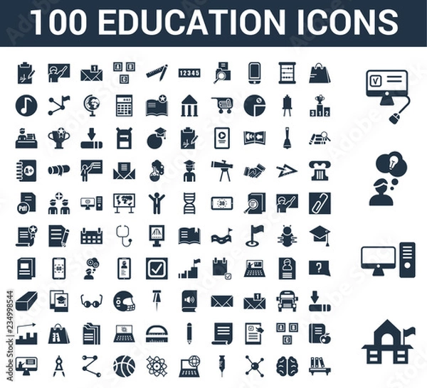 Fototapeta 100 Education universal icons set with Old School, Desktop computer, Having an idea, Online test, Shopping cart, Human Brain, Molecular bond, Syringe, Computer and network, Atomic orbitals