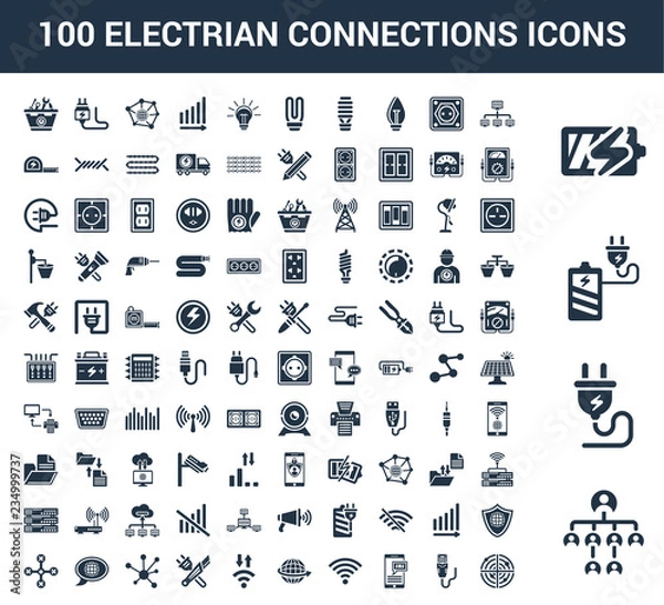 Fototapeta 100 Electrian Connections universal icons set with Network, Plug, Charging, Battery, Lan, Ethernet, Sms, Full, World, Medium
