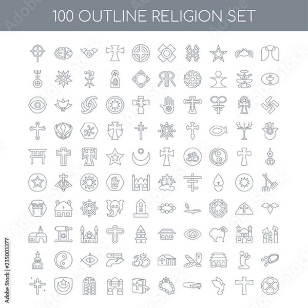 Fototapeta 100 religion outline icons set such as Angel linear, Cross Dove