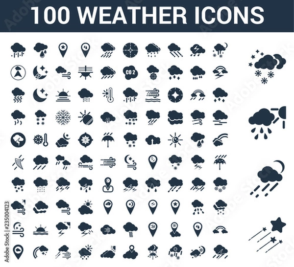Fototapeta 100 weather universal icons set with Shooting star, Rainy, Snow, Snowy, Placeholder, Cloudy