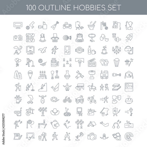 Fototapeta Zestaw ikon 100 hobby, takich jak Gotowanie liniowe, Czytanie Yo