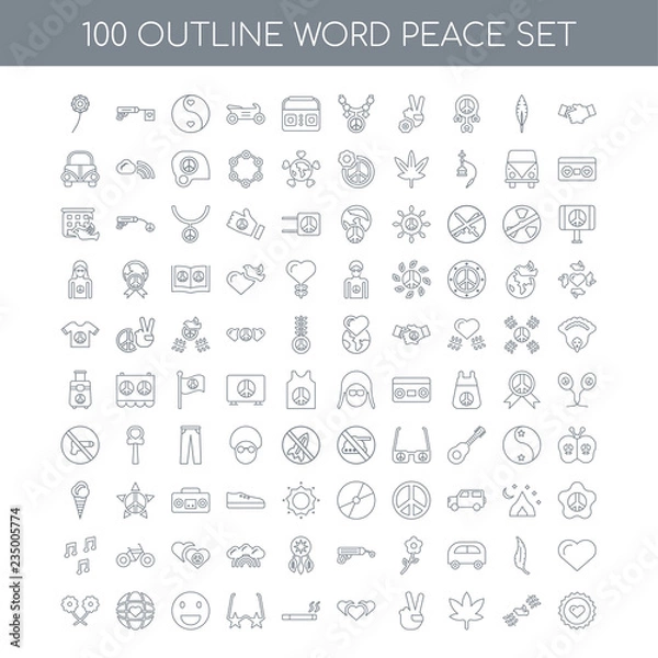Fototapeta 100 word peace outline icons set such as Handshake linear, Dove