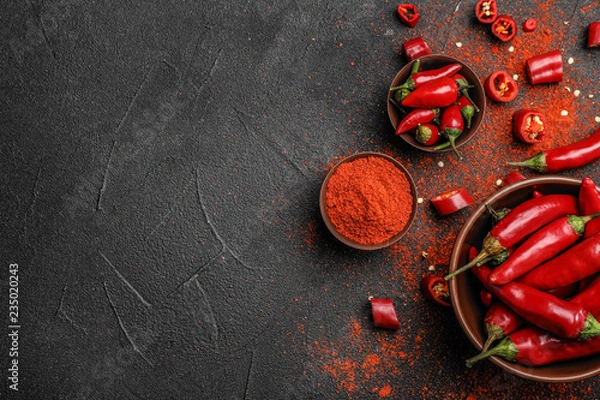Obraz Mieszkanie leżał skład z sproszkowanych i surowych papryczek chili na ciemnym tle. Miejsce na tekst