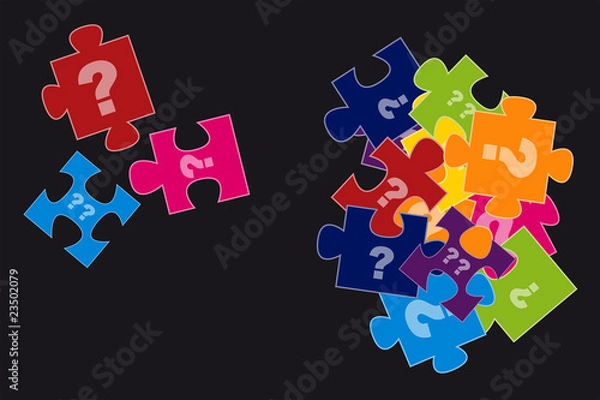 Fototapeta Puzzleteile mit Fragezeichen auf dunklem Hintergrund Haufen