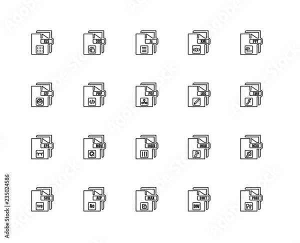 Fototapeta Collection of 20 file type linear icons such as Eps, PR, DW, AE,