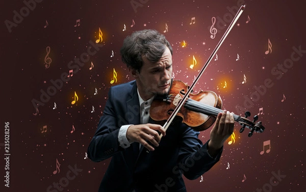 Fototapeta Young violinist with falling musical notes wallpaper and classical concept
