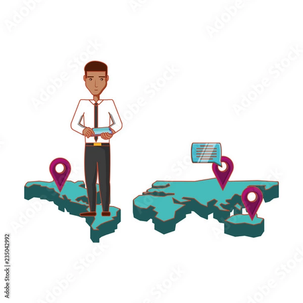 Fototapeta businessman in map with smartphone and set icons