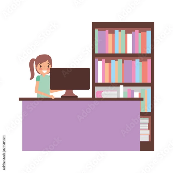 Fototapeta woman with computer and bookshelf