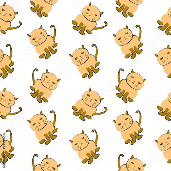 Fototapeta Cats drawing with ink on white background, summer seamless pattern background
