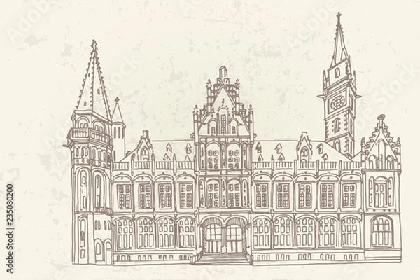 Fototapeta Old Post palace, front view, Ghent, Belgium. Retro style.