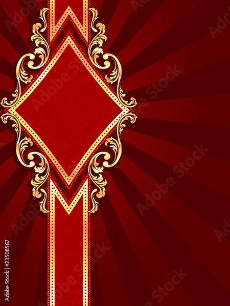Fototapeta Vertical diamond-shaped red banner with gold filigree