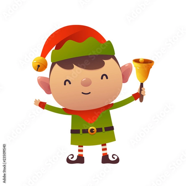 Obraz Cute cartoon christmas elf holds bell on white background happy new year greeting card