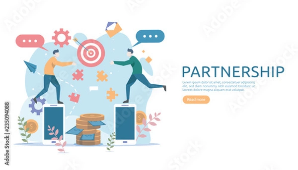 Fototapeta Business partnership relation concept idea with tiny people character. team working partner together template for web landing page, banner, presentation, mockup, social media. Vector illustration