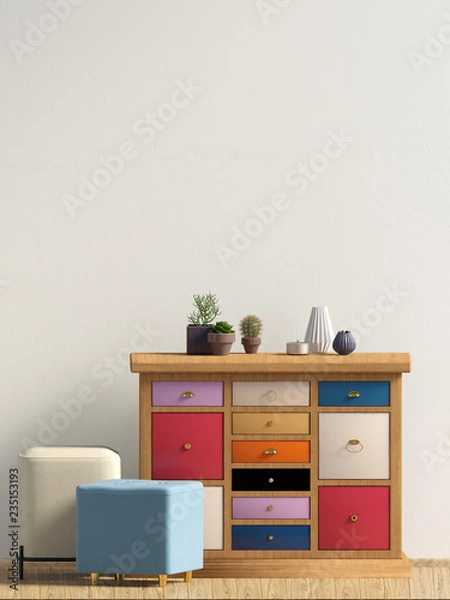 Fototapeta Modern interior with dresser. Wall mock up. 3d illustration.