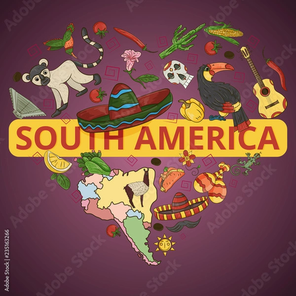 Fototapeta color_9_drawing on South America theme, animals, buildings, plants, holidays, continent map, food design elements, sticker