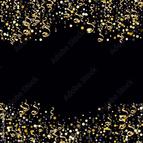 Fototapeta Golden serpentine and confetti on a black background Creative design of wallpaper, background, cover, printing, packaging