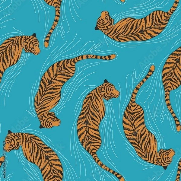 Fototapeta Tiger in the water. Seamless pattern with a floating tiger