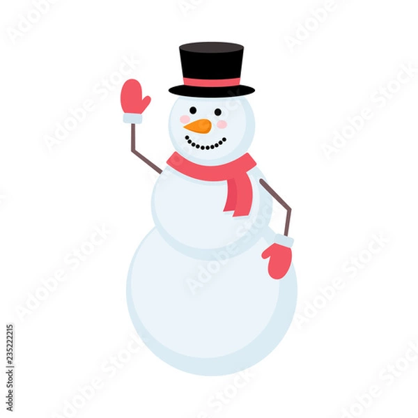 Fototapeta Happy cute snowman in black hat, red scarf and gloves isolated on white background. Vector illustration of snowman