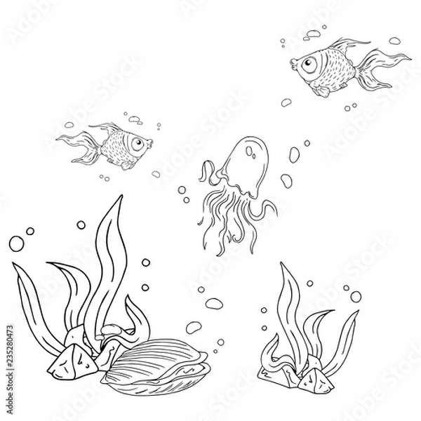 Fototapeta Aquarium icon. Vector illustration of aquarium with fish. Hand drawn beautiful marine life on the ocean floor.