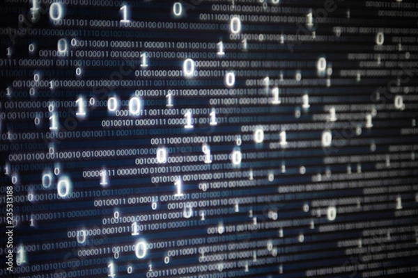 Fototapeta Abstract big data image. Computer display screen with binary code moving in the background. text moving in matrix code style from top moving downward to the bottom of the screen.