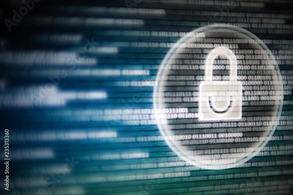 Obraz cyber security. white light padlock icon on led computer screen monitor display. blue and green colors with binary code moving motion from left to right.