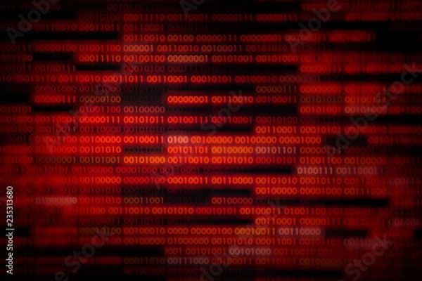 Obraz corrupted data. red binary code with missing pieces. computer technology problem virus error darknet and hacking background. computer language data transfers.