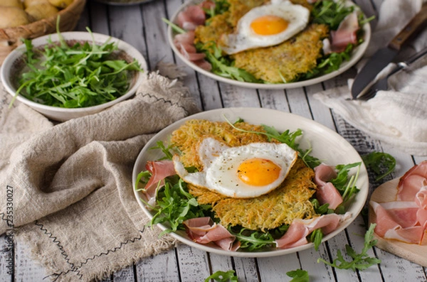 Obraz Potato pancakes with eggs and ham