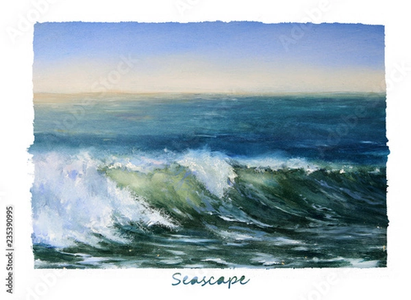 Fototapeta Seascape wave.  Storm waves. Oil painting illustration.