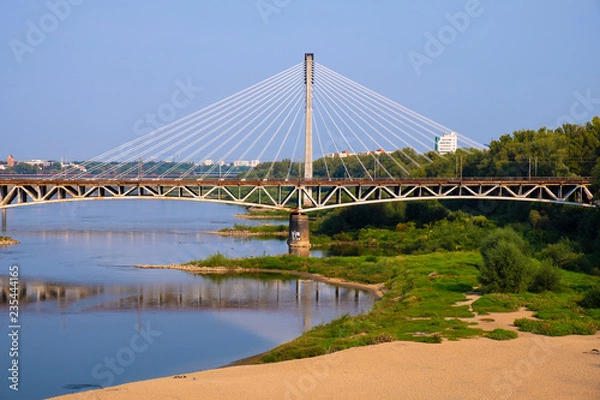Fototapeta Warszawa, Polska - panoramiczny widok na Wisłę z mostem kolejowym Most Średnicowy i północną dzielnicę Warszawy
