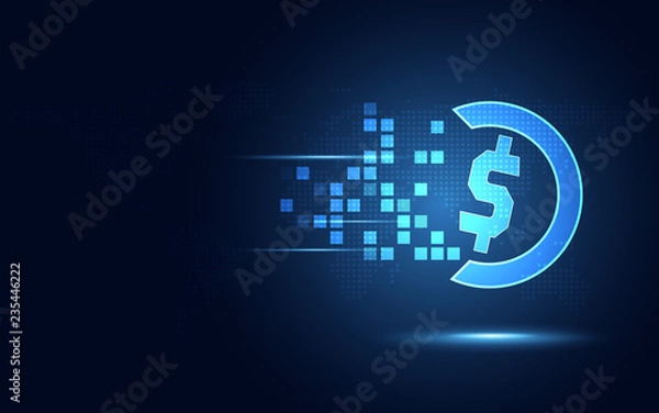Obraz Futuristic blue US dollar currency transformation abstract technology background. Modern technology and big data concept. Business growth computer and innovative investment . Vector illustration
