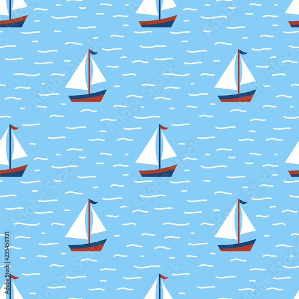 Fototapeta Nautical seamless patterns, yacht silhouette on wave, travel adventure vector illustration