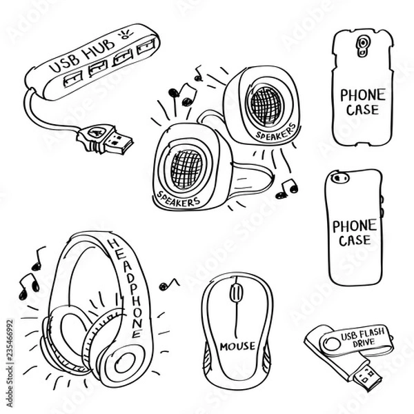 Fototapeta Set of hand drawn computer accessories doodles isolated on a white background.
