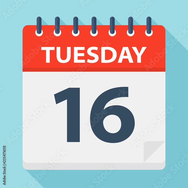 Fototapeta Tuesday 16 - Calendar Icon. Vector illustration of week day paper leaf.