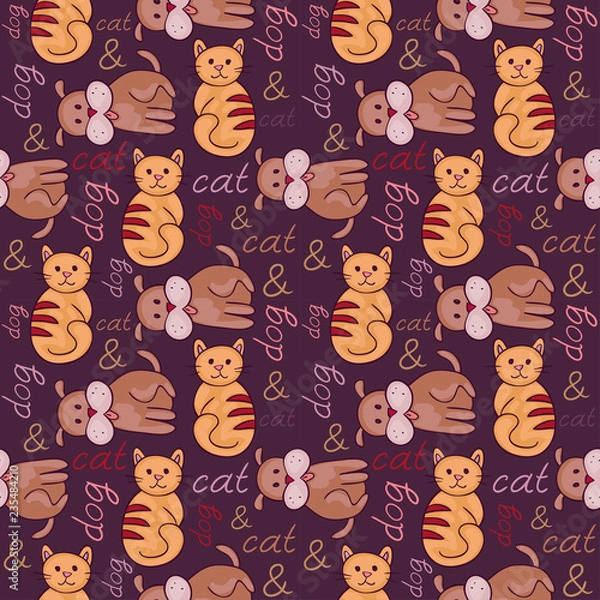 Fototapeta Seamless pattern with cat and dog (puppy and kitten). Domestic animals, illustration of best friends. Vector illustration for your cute design.