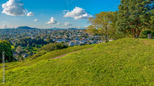 Fototapeta View of the suburbs from a hill top in Auckalnd