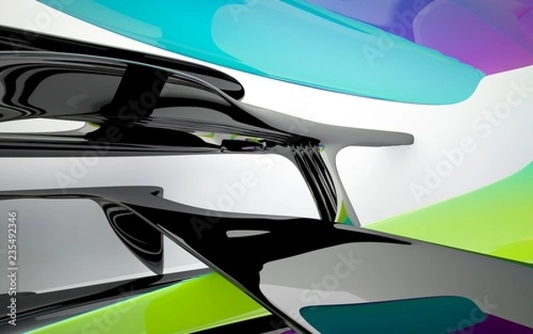 Fototapeta abstract architectural interior with colored smooth glass sculpture with black lines. 3D illustration and rendering