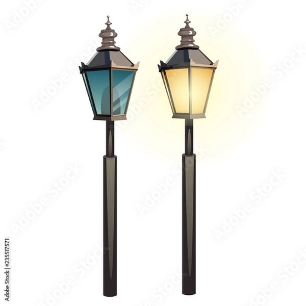 Obraz Set of vintage street lights isolated on white background. Vector cartoon close-up illustration.