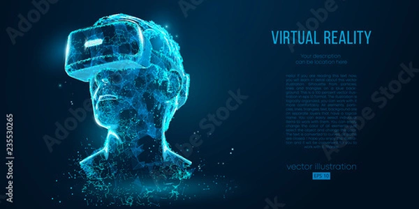 Obraz Zestaw słuchawkowy VR z projekcją holograficzną okulary wirtualnej rzeczywistości, kask Ilustracja wektorowa geometryczne zarys drutu Low poly. Cząsteczki, linie i trójkąty na niebieskim tle. Światło neonowe.