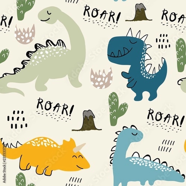 Fototapeta childish dinosaur seamless pattern for fashion clothes, fabric, t shirts. hand drawn vector with lettering