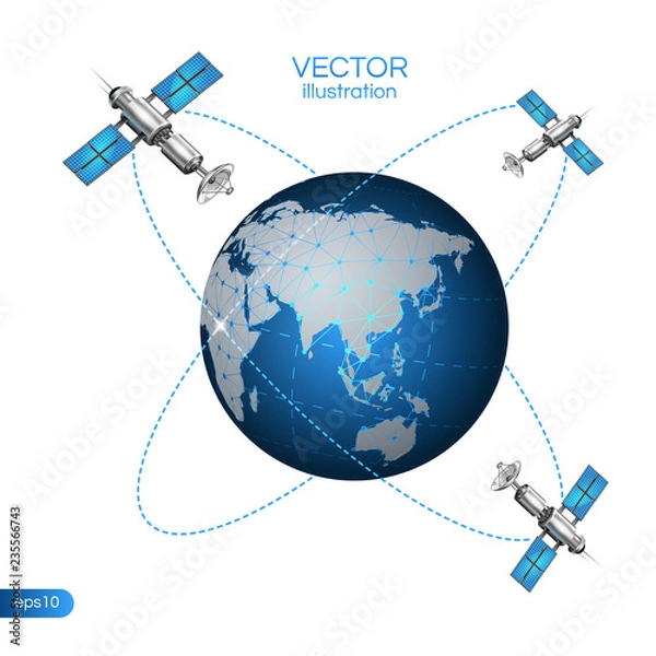 Obraz Global communication connect concept. Satellites In Orbit Around Earth. Space Satelite surrounding the planet. Vector stock illustration.