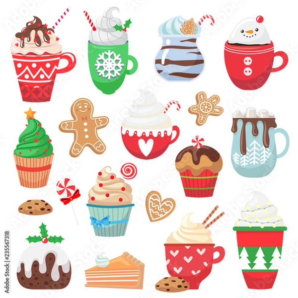 Fototapeta Set with holiday hot drink and dessert. Collection with funny cups. Cacao, tea, coffee, chocolate, milk, cookie, candy. Vector illustration