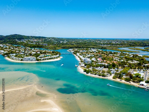 Fototapeta Noosa river aerial view with vibrant blue water on the Sunshine Coast in Queensland, Australia