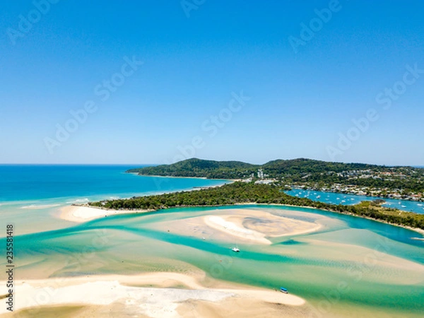 Fototapeta Noosa river aerial view with vibrant blue water on the Sunshine Coast in Queensland, Australia
