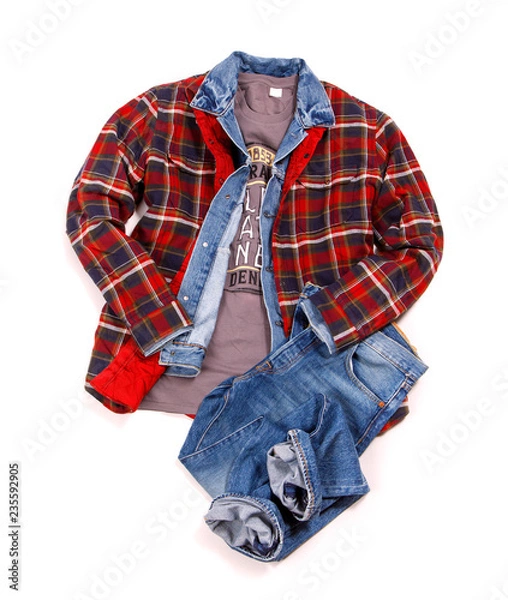Obraz Men's casual clothes and accessories. Shirt, t-shirt and jeans isolated on white background