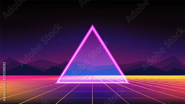 Fototapeta Retro Sci-Fi Background with mountains. Futuristic Vector illustration in 80s posters style.